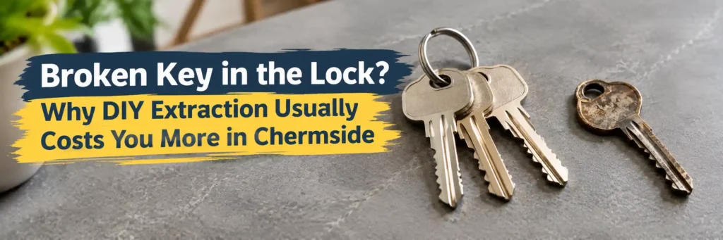 Worn separated door key beside key ring illustrating broken key in lock situation Chermside
