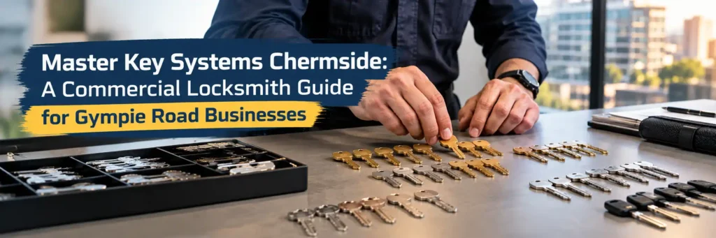 Commercial locksmith arranging master key system hierarchy on workbench for Gympie Road businesses Chermside