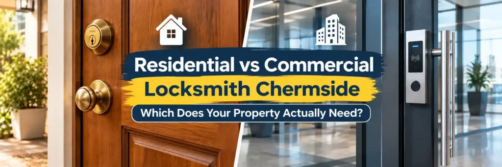 Residential timber door with brass deadbolt versus commercial glass entry with electronic access panel for Chermside locksmith comparison