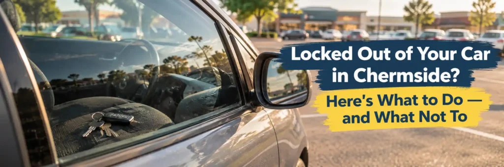Car keys locked inside vehicle on driver seat in Chermside shopping centre car park lockout situation